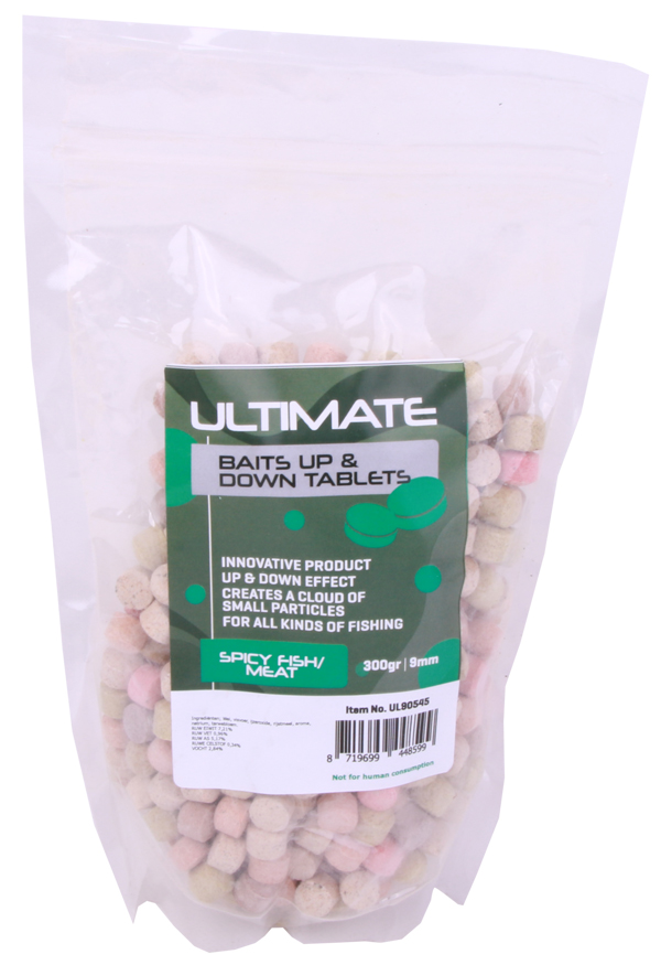 Ultimate Baits Up & Down Tablets 9mm, geben unter Wasser Geruchs-, Farb- und Aromastoffe ab - Spicy Fish/Meat 9mm