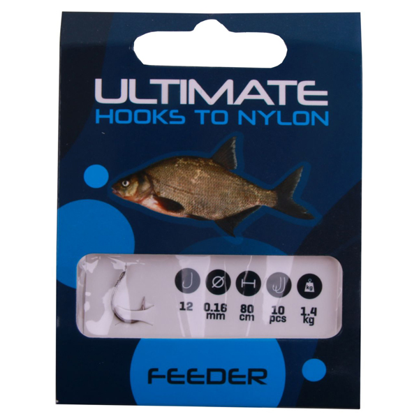 Allround Method Feeder Set mit Ultimate Rute, Shimano Rolle und Zubehör - Ultimate hooks to nylon feeder size 12 0,16mm 80cm, 10pcs