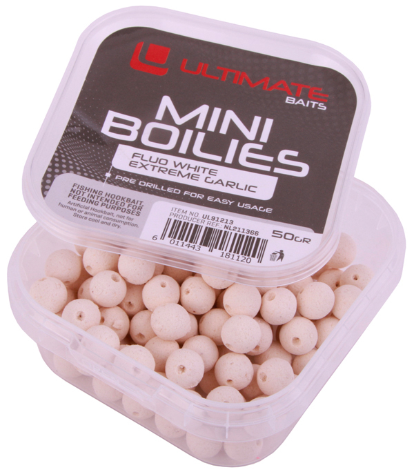 Ultimate Coarse Box, voller Material für den Weißfischangler! - Ultimate Baits vorgebohrte Mini Boilies, Fluo White Extreme Garlic